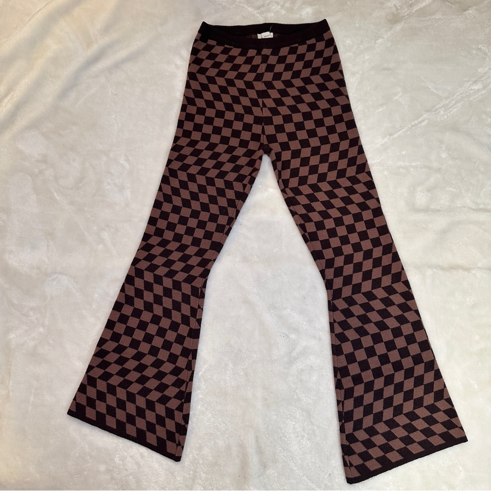 La Hearts Brown Checkered Knitwear Flare High Waist Pants Size Small